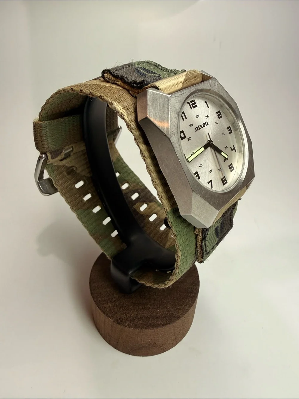 Nixon Silver Case Watch with Green Camo Nylon Band